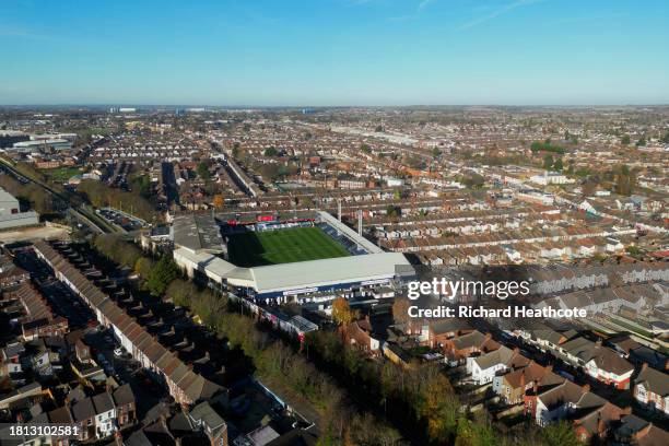 An aerial view of Kenilworth Road is seen prior to the Premier League match between Luton Town and Crystal Palace on November 25, 2023 in Luton,...