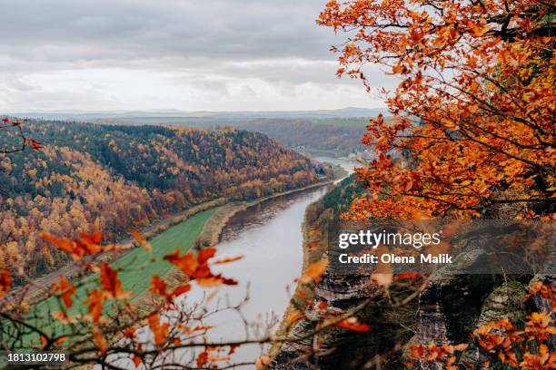 beautiful autumn landscape in elbe sandstone mountains, saxon switzerland national park, germany - elbe river - fotografias e filmes do acervo