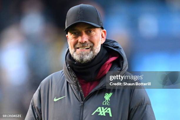 Juergen Klopp, Manager of Liverpool, looks on in the warm up prior to the Premier League match between Manchester City and Liverpool FC at Etihad...
