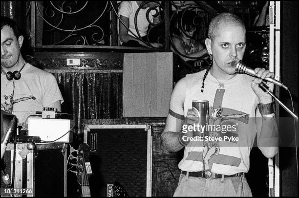 English singer-songwriter and artist Genesis P-Orridge performing at the first British performance by experimental music group Psychic TV, at the...