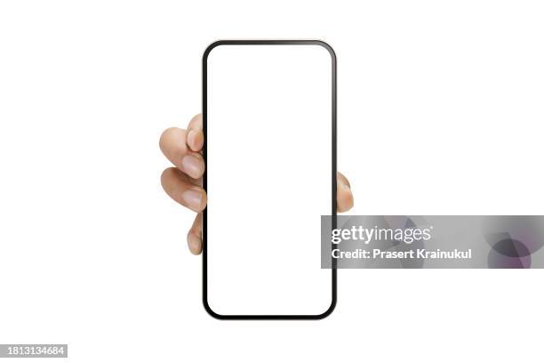 hand holding the smartphone - brand name smart phone stock-fotos und bilder