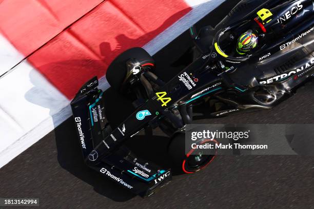 Lewis Hamilton of Great Britain driving the Mercedes AMG Petronas F1 Team W14 on track during final practice ahead of the F1 Grand Prix of Abu Dhabi...