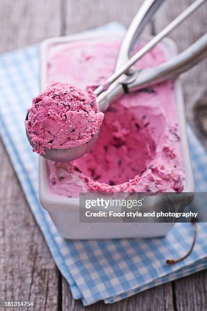 cherry and yogurt ice cream - serving scoop stock pictures, royalty-free photos & images