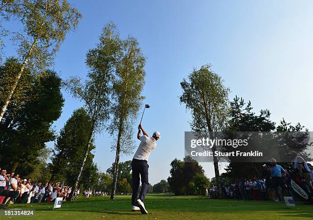 Nicolas Colsaerts of Belgium plays a shot during the second round of the Italian Open golf at Circolo Golf Torino on September 20, 2013 in Turin,...