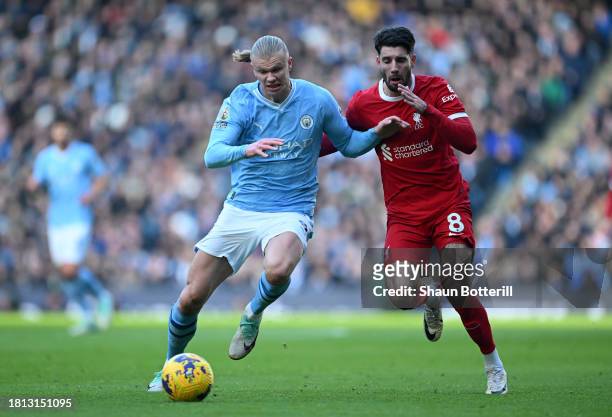 Erling Haaland of Manchester City runs with the ball whilst under pressure from Dominik Szoboszlai of Liverpool during the Premier League match...