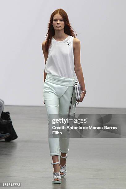 Model walks the runway during the Iceberg show as a part of Milan Fashion Week Womenswear Spring/Summer 2014 on September 20, 2013 in Milan, Italy.