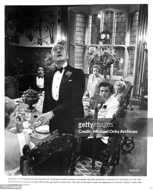 Actors James Coco, actresses Elsa Lanchester, Estelle Winwood, actor Peter Sellers, actor David Niven and actress Maggie Smith on the set of Columbia...