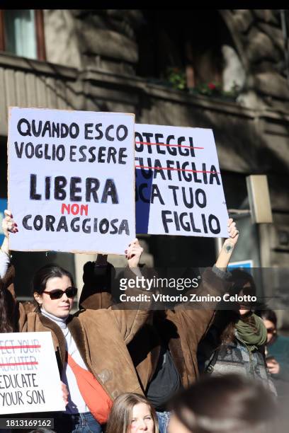 Activists take part in the demonstration "Il Patriarcato Uccide" , demanding the elimination of violence against women on November 25, 2023 in Milan,...