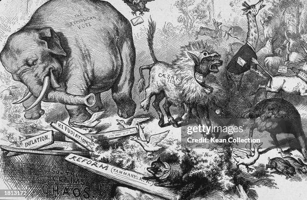 The first appearance of Republican Elephant with a fox in the bottom right corner representing the Democratic party in a political cartoon by Thomas...