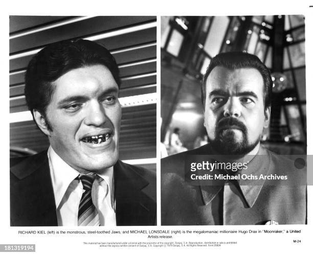 Actors Richard Kiel as Jaws and Michael Lonsdale as Hugo Drax on set for the United Artist movie " Moonraker" in 1979.