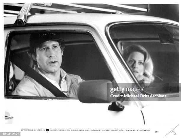 Actor Chevy Chase and actress Beverly D'Angelo on set of the Warner Bros. Movie National Lampoon's "European Vacation" in 1985.