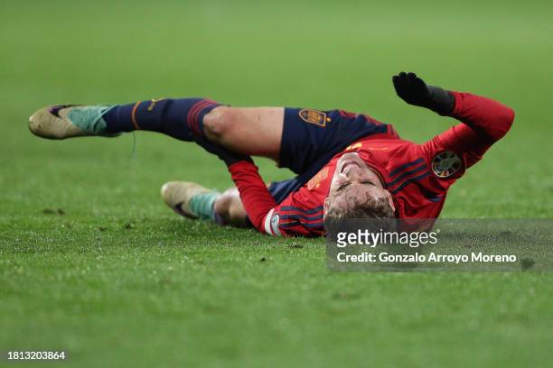 Pablo Paez Gavira alias Gavi of Spain grimaces in pain during the UEFA EURO 2024 European qualifier match between Spain and Georgia at Jose Zorrilla...