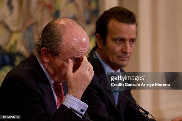 Head of the King's House Rafael Spottorno and Spanish surgeon Angel Villamor at a press conference discussing the state of health of Spain's King...