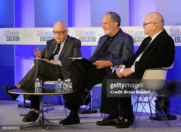 Henry Rosovsky, John Sexton and Mark Yudof speak at the TIME Summit On Higher Education Day 2 at Time Warner Center on September 20, 2013 in New York...