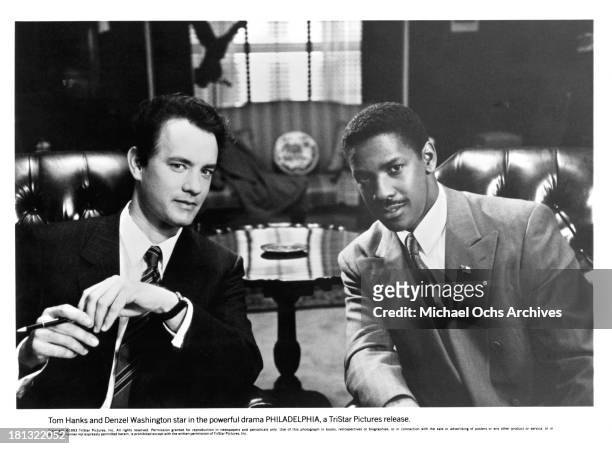 Actors Tom Hanks and Denzel Washington on the set of the Tri Star movie " Philadelphia" in 1993.