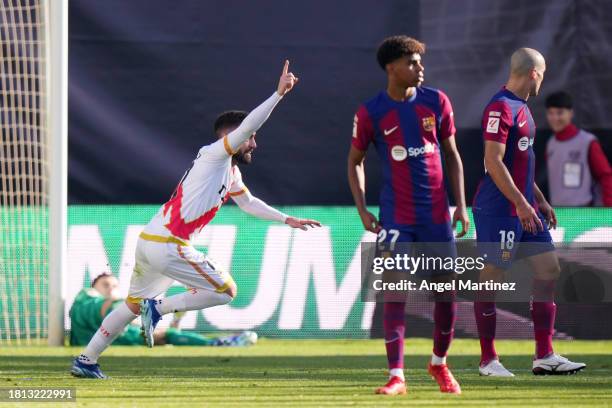 Unai Lopez of Rayo Vallecano celebrates after scoring the team's first goal during the LaLiga EA Sports match between Rayo Vallecano and FC Barcelona...