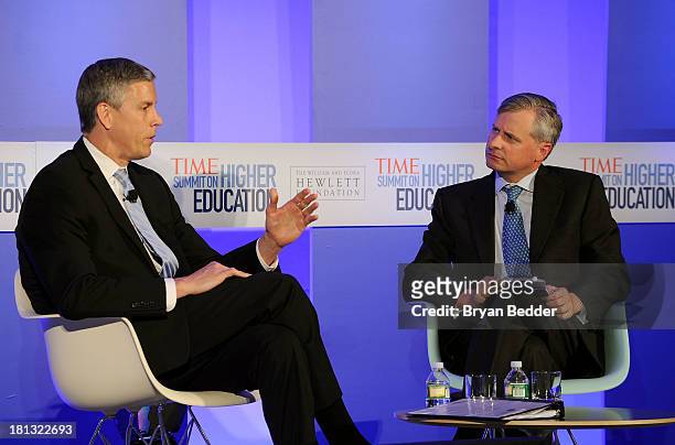 United States Secretary of Education Arne Duncan and Random House executive editor Jon Meacham speak at the TIME Summit On Higher Education Day 2 at...