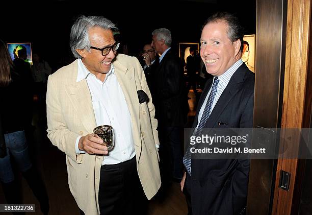 Sir David Tang and Viscount David Linley attends a private view of 'Kate Moss: The Collection' at Christie's King Street on September 20, 2013 in...