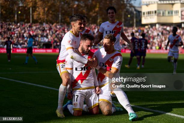 Unai Lopez of Rayo Vallecano celebrates after scoring his team's first goal during the LaLiga EA Sports match between Rayo Vallecano and FC Barcelona...