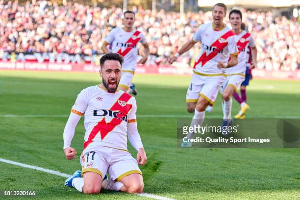 Unai Lopez of Rayo Vallecano celebrates after scoring his team's first goal during the LaLiga EA Sports match between Rayo Vallecano and FC Barcelona...