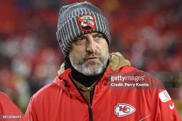 Kansas City Chiefs offensive coordinator Matt Nagy looks on from the field prior to an NFL football game against the Philadelphia Eagles at GEHA...