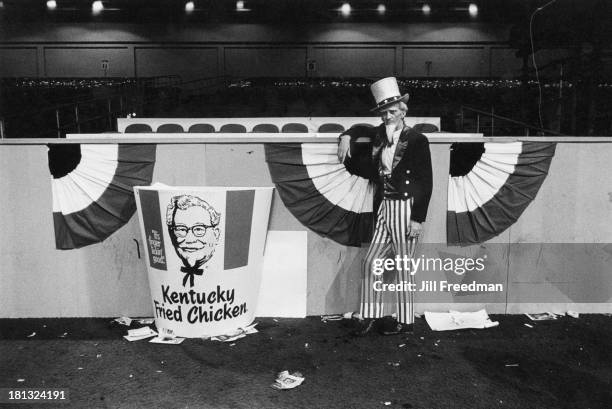 Man dressed as Uncle Sam stays behind after a Republican Convention has left an auditorium in Miami Beach, circa 1972.