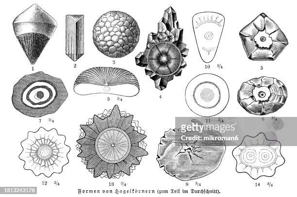 old engraved illustration of different forms of hailstones (partly in cross section-view) - small stock illustrations stock pictures, royalty-free photos & images