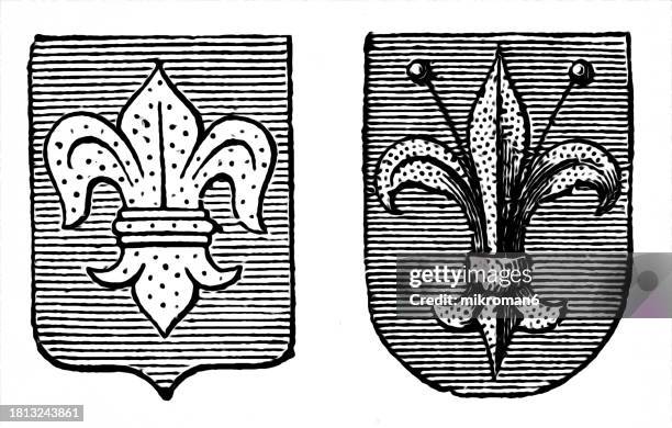 old engraved illustration of common heraldic charge in the shape of a lily (depicted on the traditional coat of arms of france) - crest logo stock pictures, royalty-free photos & images