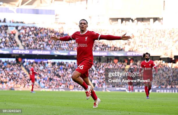 Trent Alexander-Arnold of Liverpool celebrates after scoring the equalising goal during the Premier League match between Manchester City and...