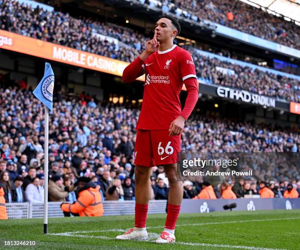 Trent Alexander-Arnold of Liverpool celebrates after scoring the equalising goal during the Premier League match between Manchester City and...