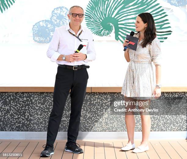 Stefano Domenicali, CEO of Formula One Group, speaks with Laura Winter during a Q&A at the Atmosphere Pool Global partner of Formula 1®, MSC Cruises,...