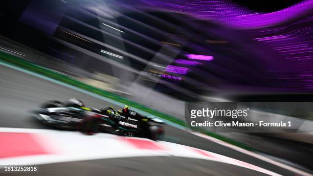 Lewis Hamilton of Great Britain driving the Mercedes AMG Petronas F1 Team W14 on track during qualifying ahead of the F1 Grand Prix of Abu Dhabi at...
