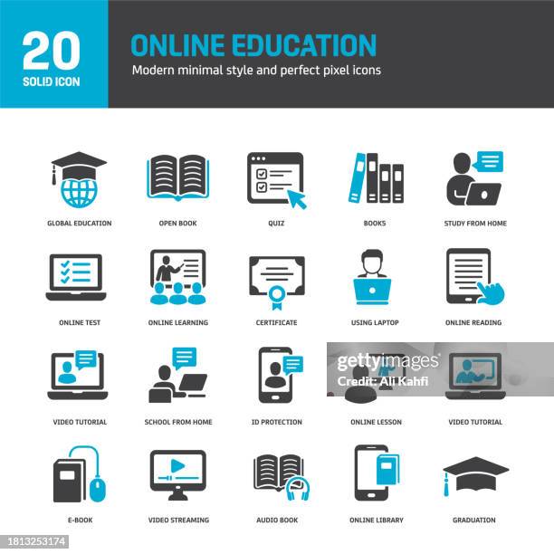 online education solid icons. containing e-book, audio book, online school, tutorial solid icons collection. vector illustration. for website design, logo, app, template, ui, etc. - laptop icon solid stock illustrations