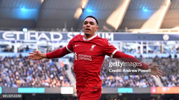 Trent Alexander-Arnold of Liverpool celebrates after scoring the equalising goal during the Premier League match between Manchester City and...