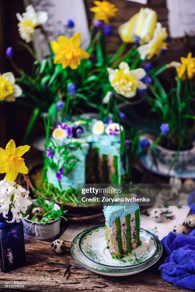 Fish layer cake with tuna mousse and quail eggs