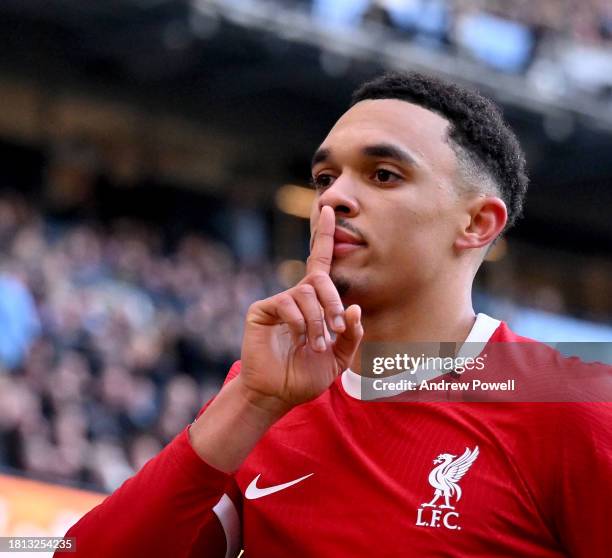 Trent Alexander-Arnold of Liverpool celebrates after scoring the equalising goal during the Premier League match between Manchester City and...