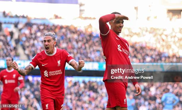 Trent Alexander-Arnold of Liverpool celebrates after scoring the equalising goal during the Premier League match between Manchester City and...