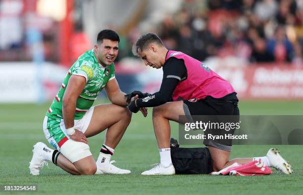 Dan Kelly of Leicester Tigers receives medical treatment during the Gallagher Premiership Rugby match between Gloucester Rugby and Leicester Tigers...