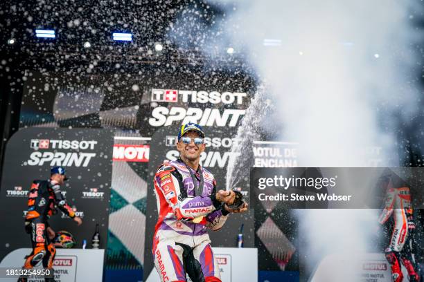 Jorge Martin of Spain and Prima Pramac Racing celebrates with Prosecco on the Sprint podium after he won the Race during the Sprint race of the...