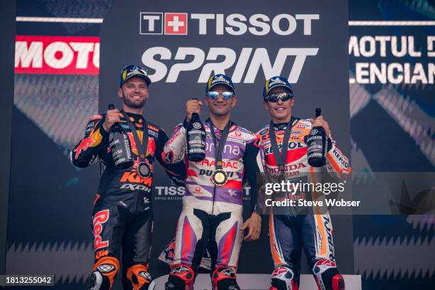 Sprint Podium with Brad Binder of South Africa and Red Bull KTM Factory Racing , Jorge Martin of Spain and Prima Pramac Racing , Marc Marquez of...