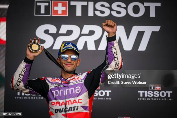 Marc Marquez of Spain and Repsol Honda Team shows his medal after he won the race during the Sprint race of the MotoGP Gran Premio Motul de la...