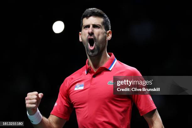 Novak Djokovic of Serbia celebrates a point during the Semi-Final match against Jannik Sinner of Italy in the Davis Cup Final at Palacio de Deportes...