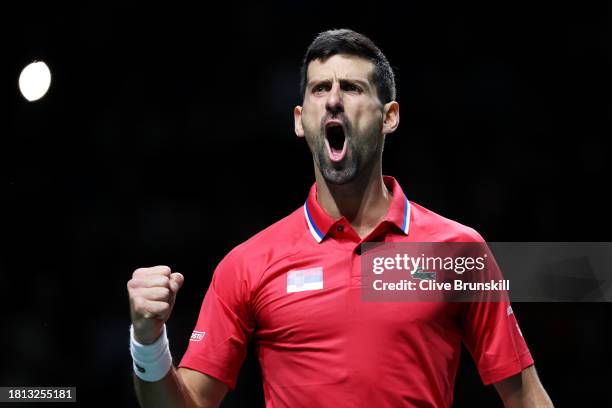 Novak Djokovic of Serbia celebrates a point during the Semi-Final match against Jannik Sinner of Italy in the Davis Cup Final at Palacio de Deportes...