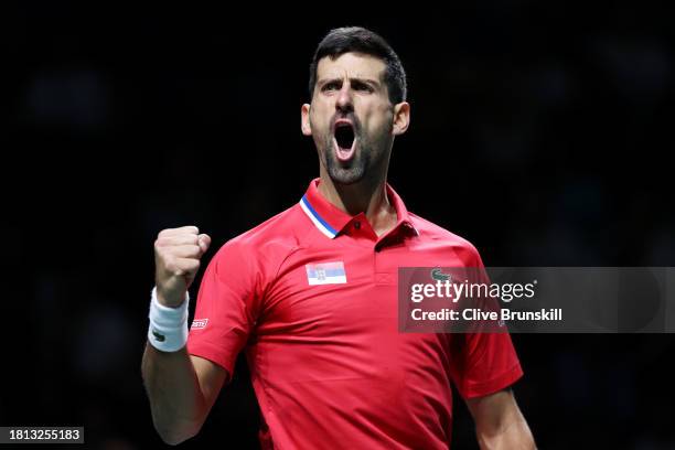 Novak Djokovic of Serbia celebrates a point during the Semi-Final match against Jannik Sinner of Italy in the Davis Cup Final at Palacio de Deportes...