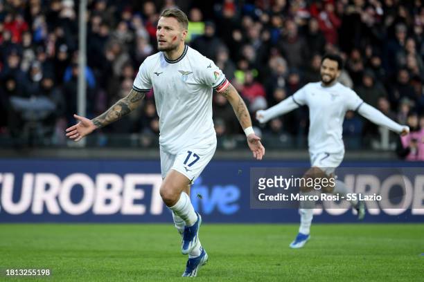 Ciro Immobile of SS Lazio celebrates a opening goal a penalty during the Serie A TIM match between US Salernitana and SS Lazio at Stadio Arechi on...