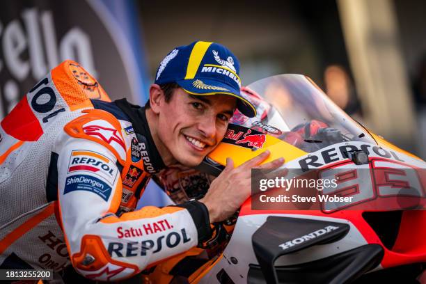 Marc Marquez of Spain and Repsol Honda Team next to his Honda bike on the podium during the Sprint race of the MotoGP Gran Premio Motul de la...