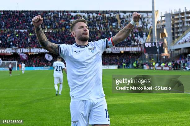 Ciro Immobile of SS Lazio celebrates a opening goal a penalty during the Serie A TIM match between US Salernitana and SS Lazio at Stadio Arechi on...