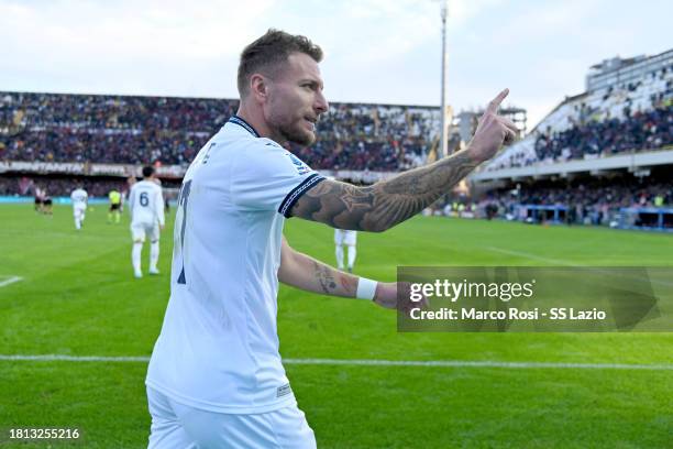 Ciro Immobile of SS Lazio celebrates a opening goal a penalty during the Serie A TIM match between US Salernitana and SS Lazio at Stadio Arechi on...