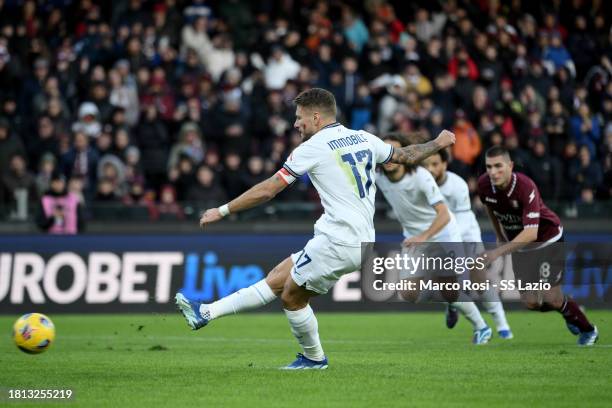 Ciro Immobile of SS Lazio scores a opening goal a penalty during the Serie A TIM match between US Salernitana and SS Lazio at Stadio Arechi on...