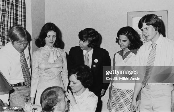 View of US presidential candidate Jimmy Carter , with members of his family, following his victory in the Pennsylvania Democratic primary,...